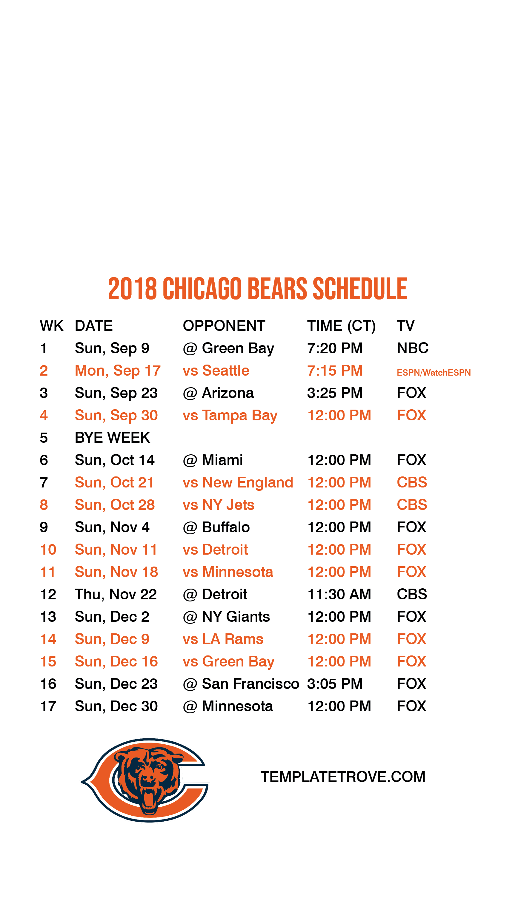 2018 2019 Chicago Bears Lock Screen Schedule For IPhone 6 