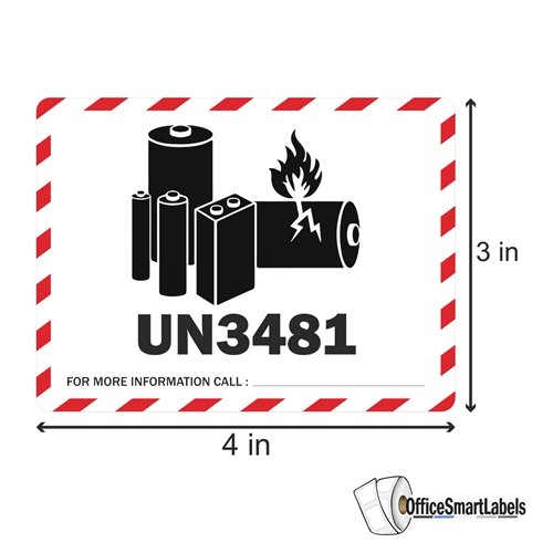 4 X 3 Caution Lithium Ion Battery UN3481 Stickers Labels