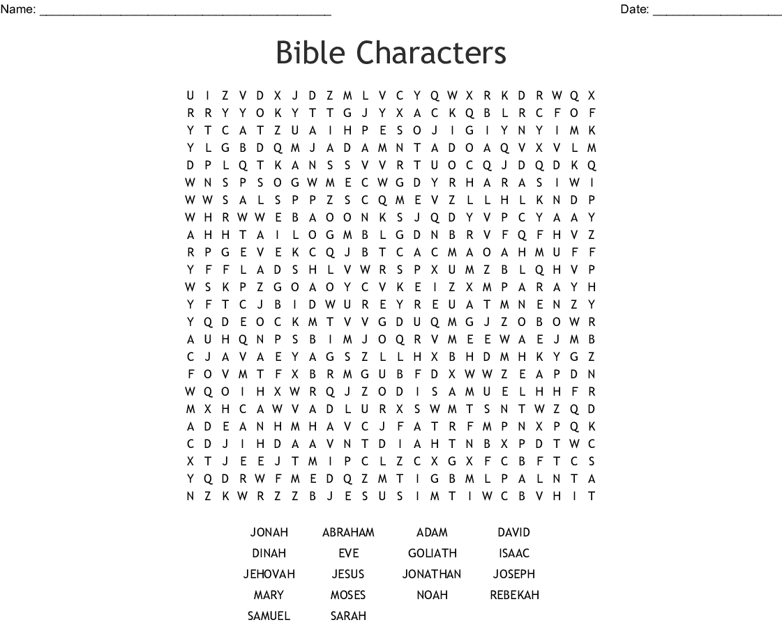 A Printable Bible Characters Word Search Containing 18 