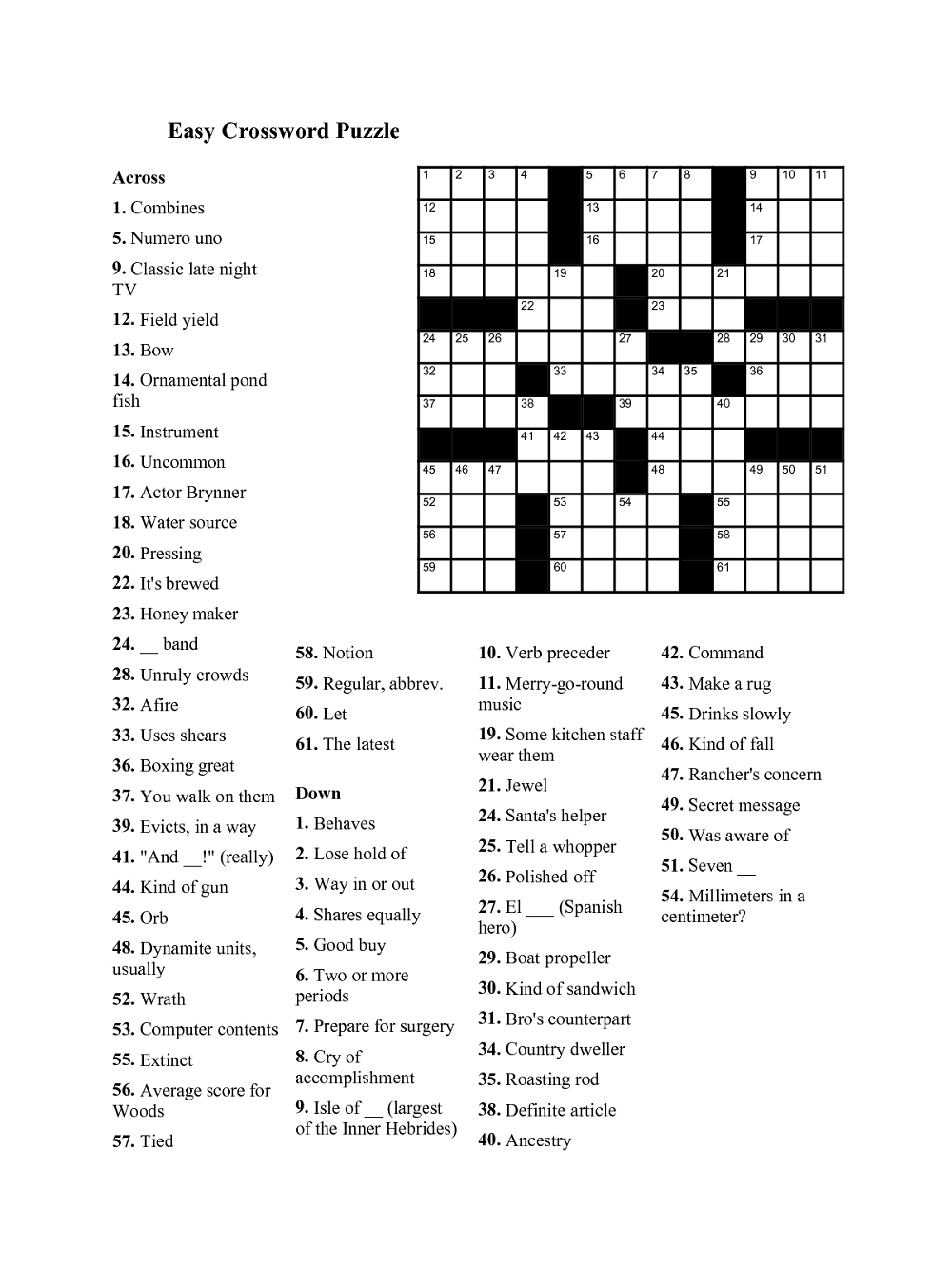 Easy Crossword Puzzles For Senior Activity 101 Printable