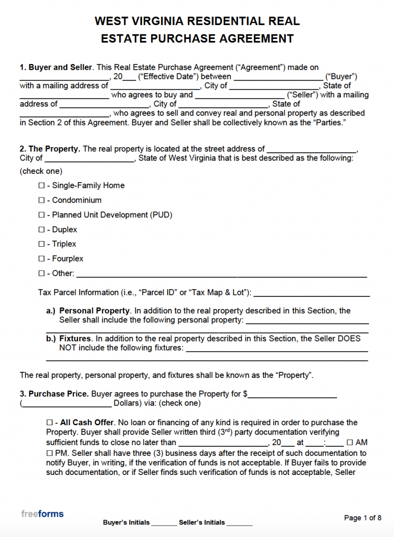 Free West Virginia Real Estate Purchase Agreement Template