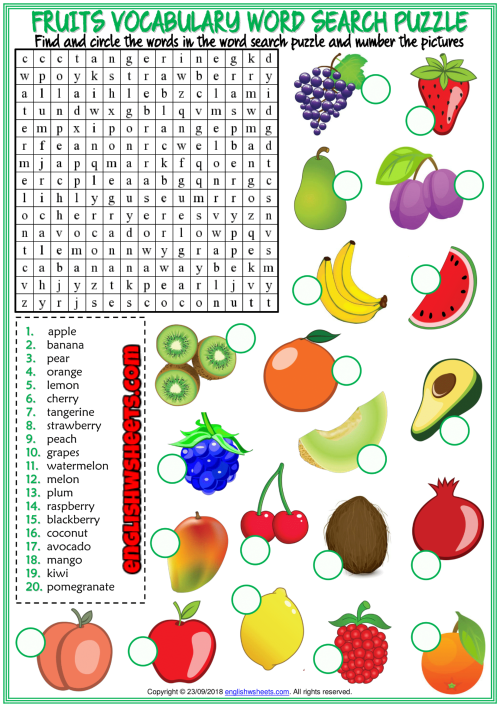 Fruits ESL Printable Word Search Puzzle Worksheet For Kids