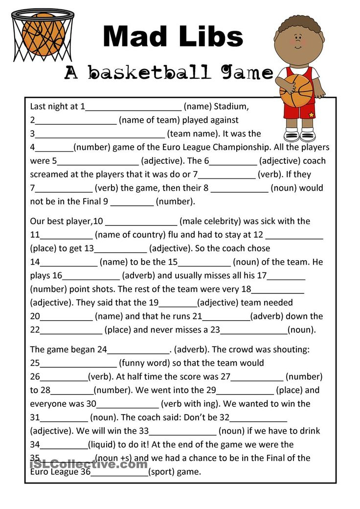 Mad Libs Basketball Game Parts Of Speech Worksheets