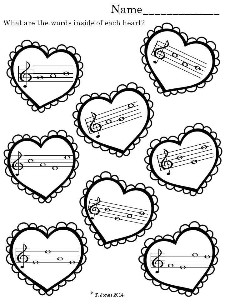 Music Worksheets Valentine s Day Note Reading Fun Treble 