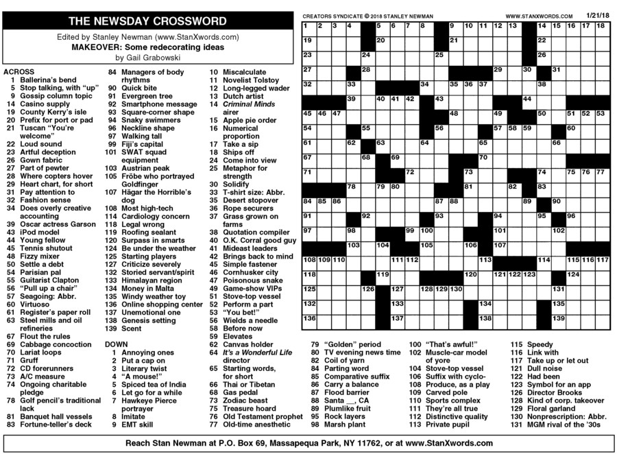 Newsday Crossword Sunday For Jan 21 2018 By Stanley 