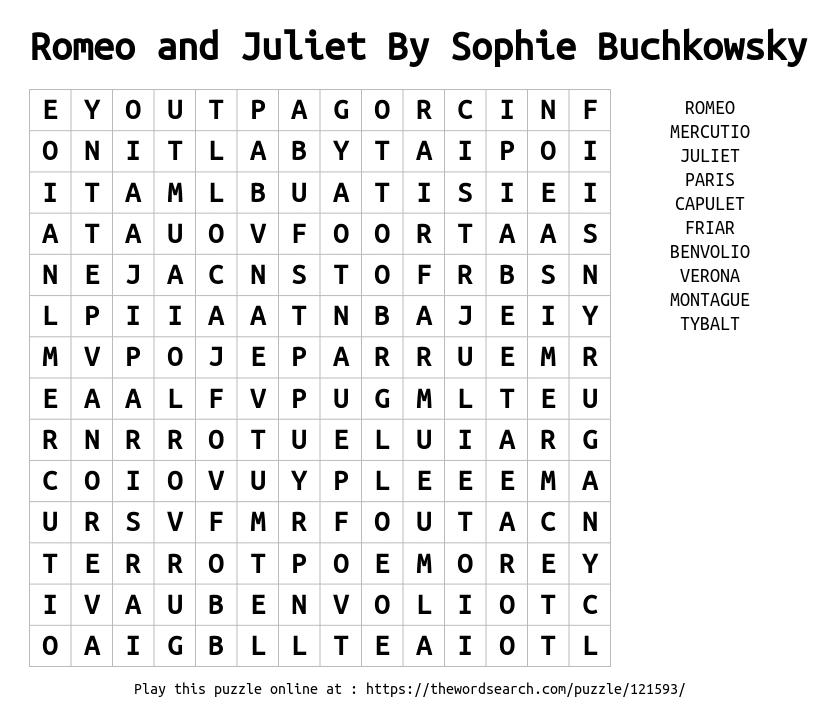 Romeo And Juliet By Sophie Buchkowsky Word Search