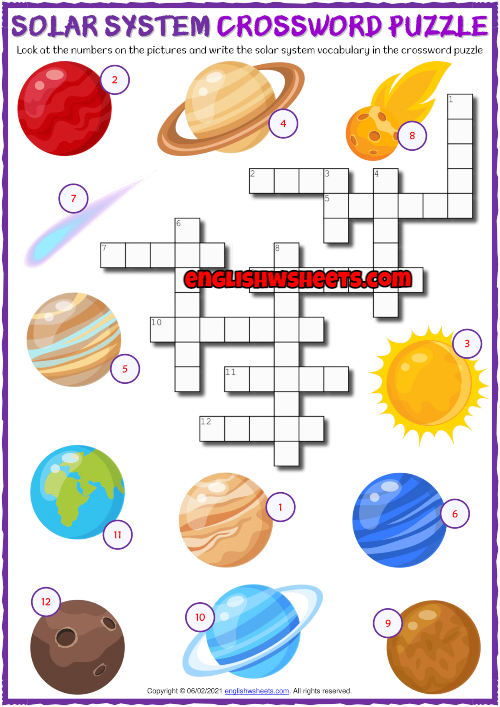 Solar System ESL Printable Crossword Puzzle Worksheet