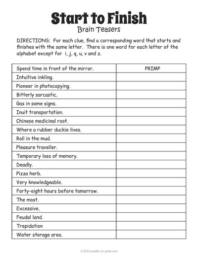 Start To Finish Word Brain Teaser Worksheet