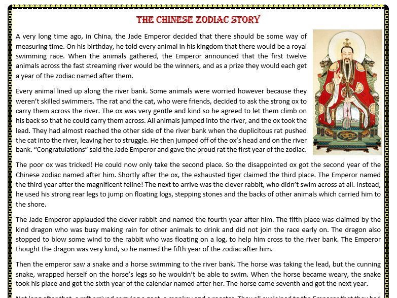 The Chinese Zodiac Story Reading Comprehension Worksheet 