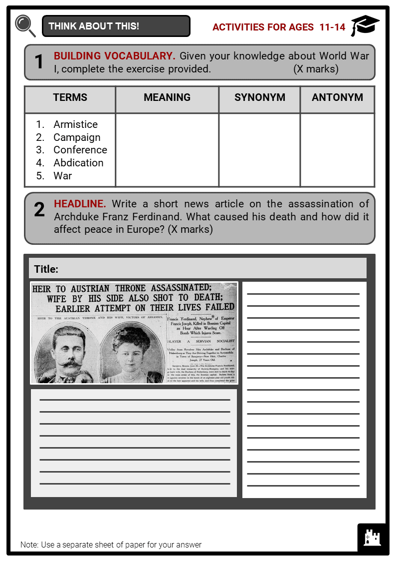 World War I Timeline Facts Worksheets Key Events 