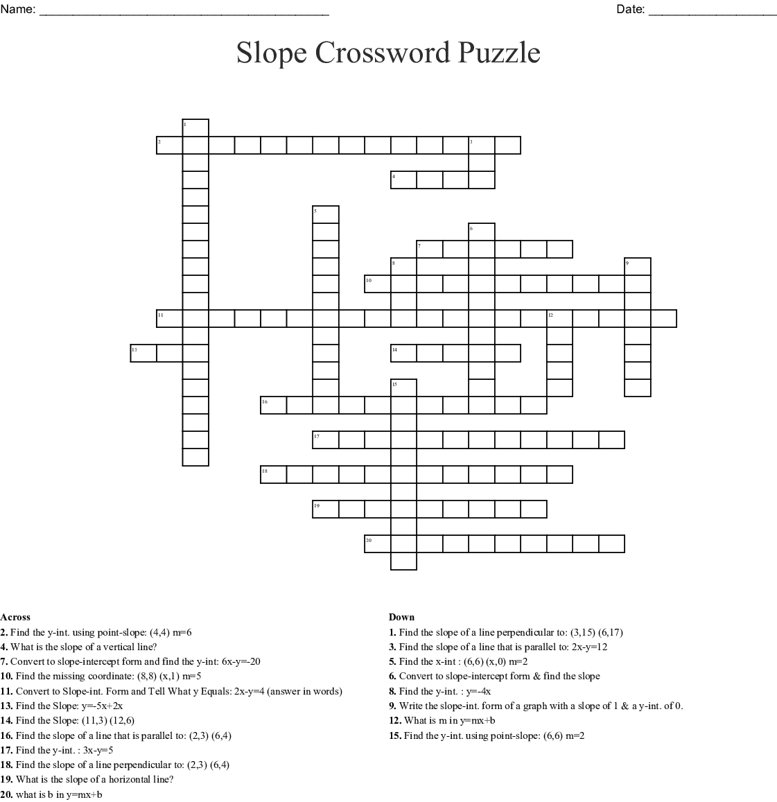 A 20 Question Printable Slope Crossword Puzzle With Answer 