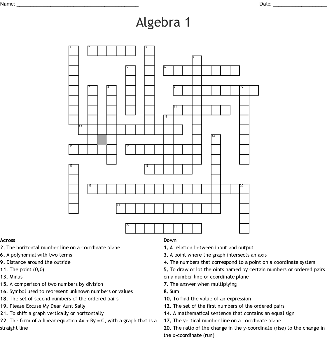 Algebra 1 Crossword Wordmint Printable Crossword 1 