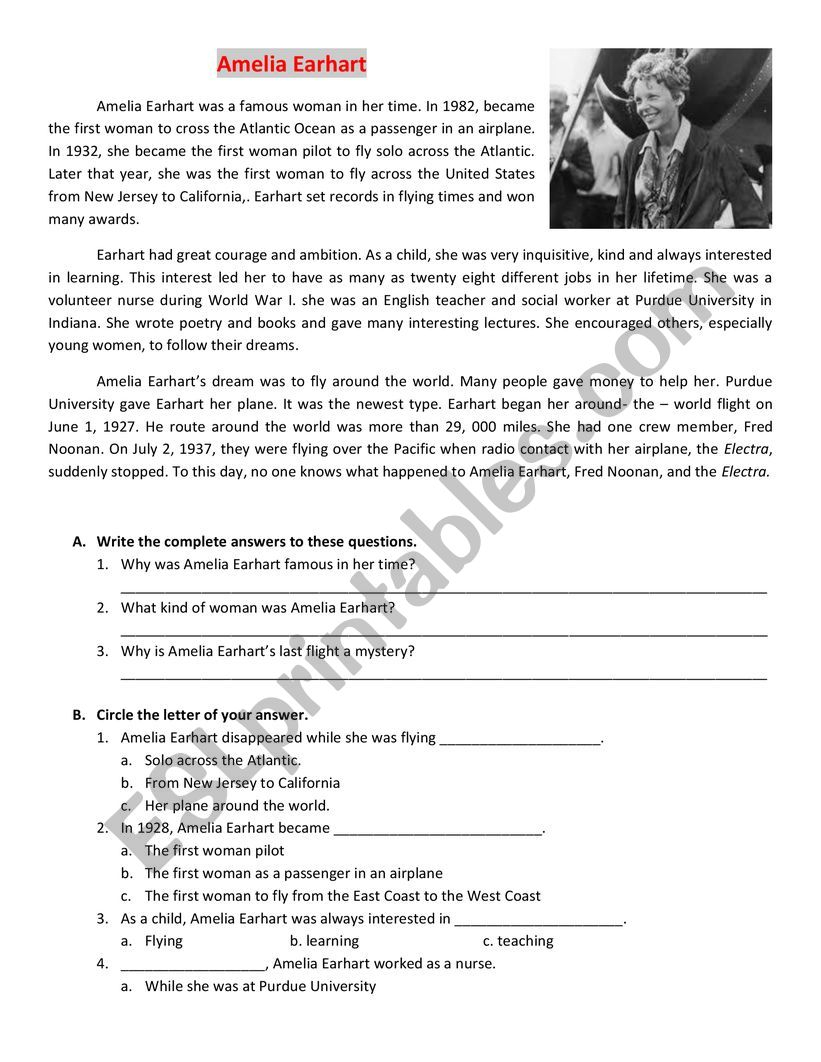 Amelia Earhart ESL Worksheet By Jamiewatts1