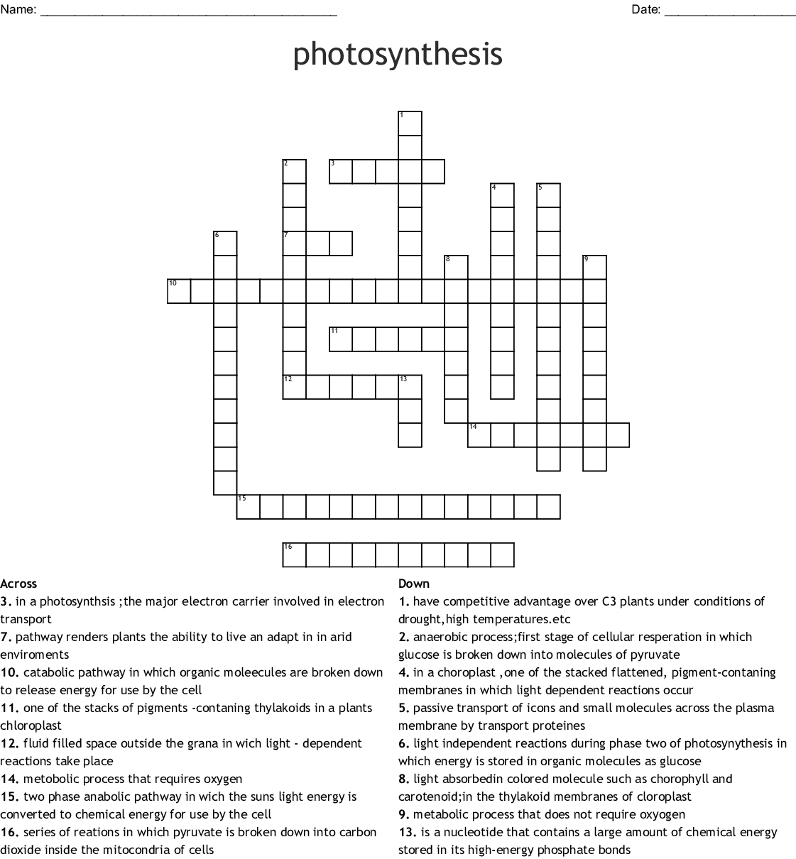 Biology Photosynthesis Crossword Puzzle Answer Key Crossword Compiler