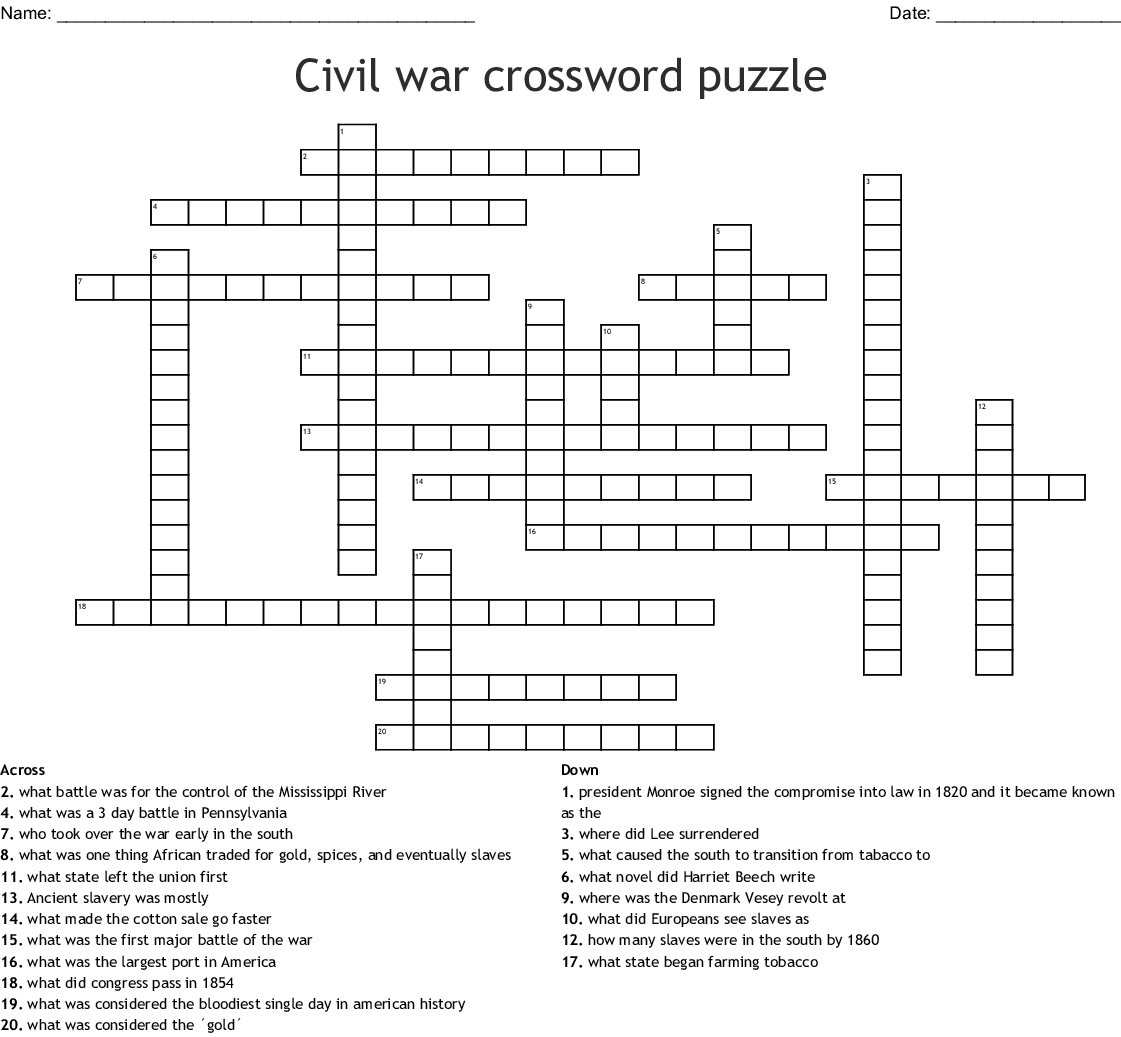 Civil War Crossword Puzzle WordMint