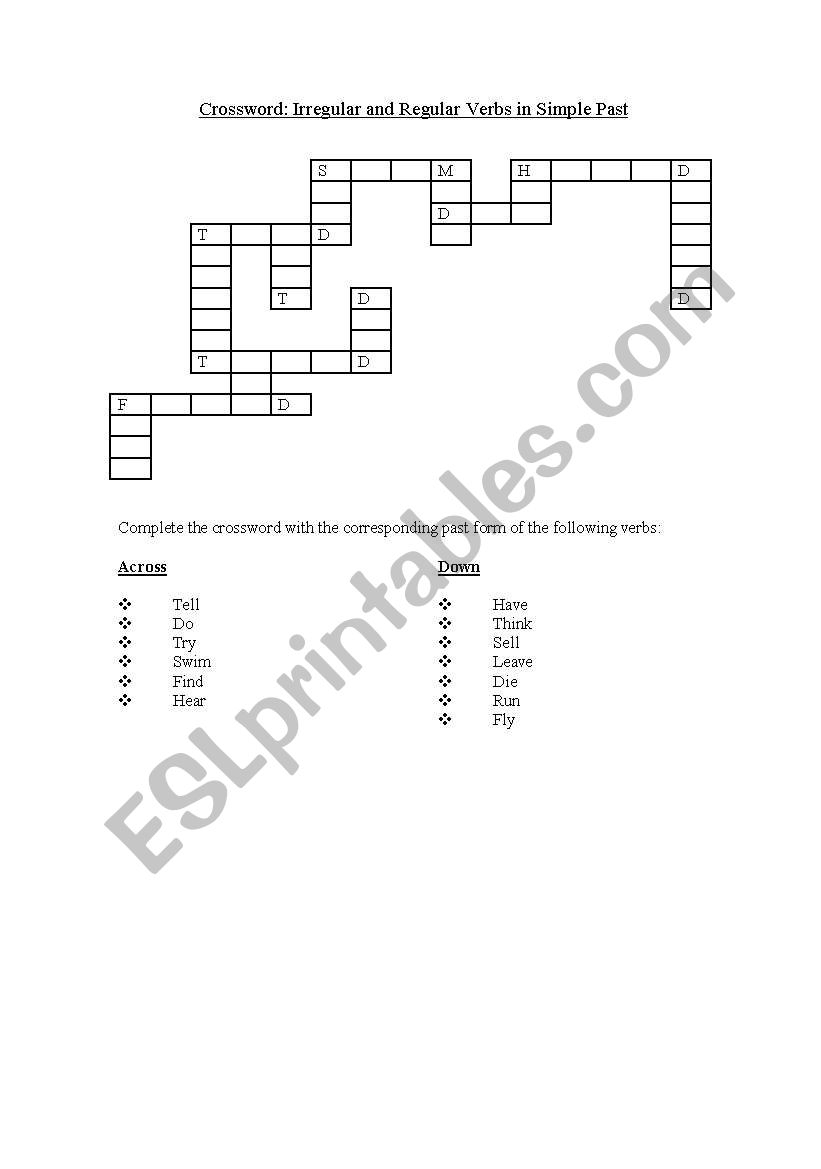 English Worksheets Crossword Irregular Regular Verbs In 