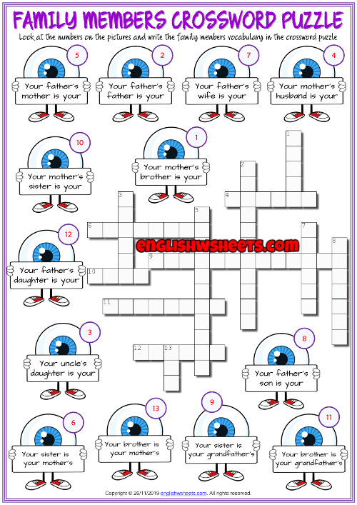 Family Members ESL Crossword Puzzle Worksheet For Kids