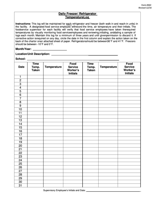 Fillable Daily Freezer refrigerator Temperature Log 