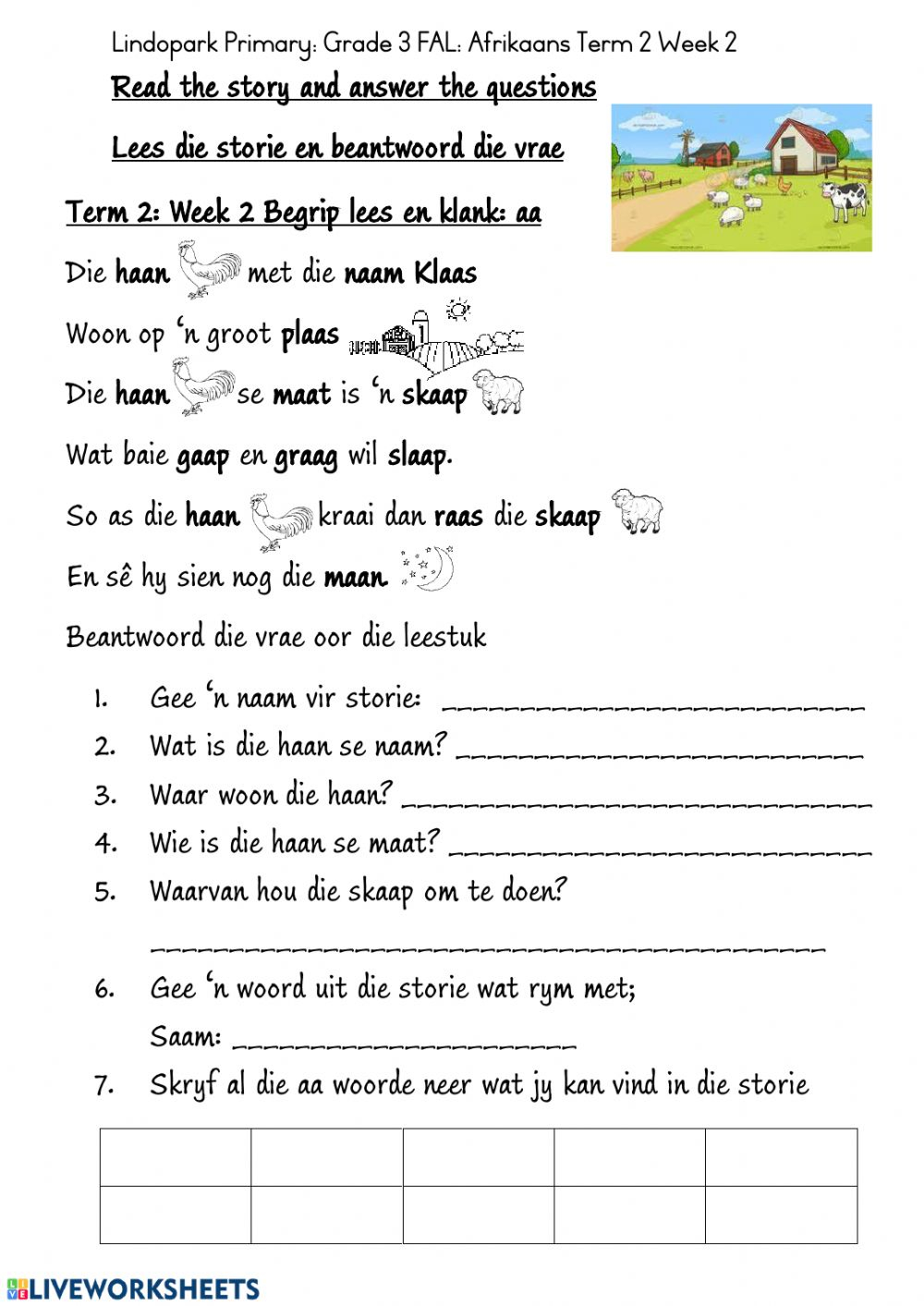 Grade 3 FAL Afrikaans Term 2 Week 2 Worksheet 1 Klank 