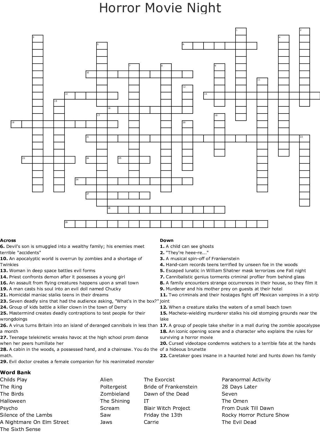 Horror Movie Night Crossword WordMint