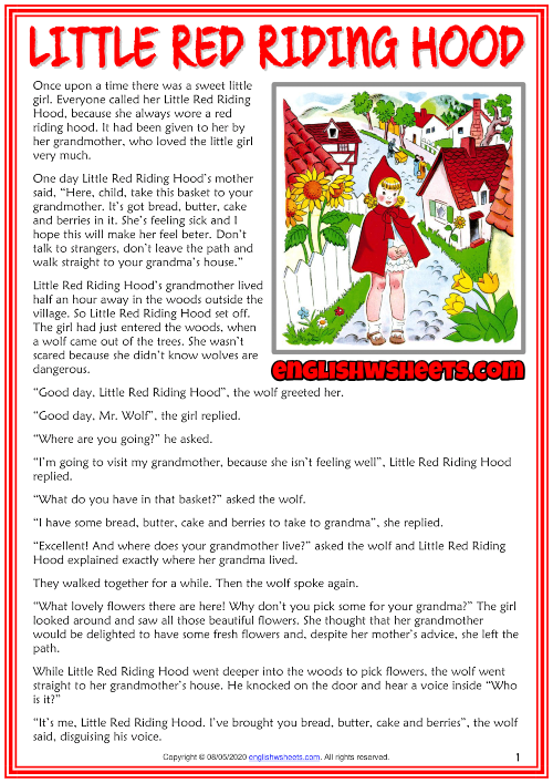 Little Red Riding Hood ESL Reading Text Worksheet For Kids 