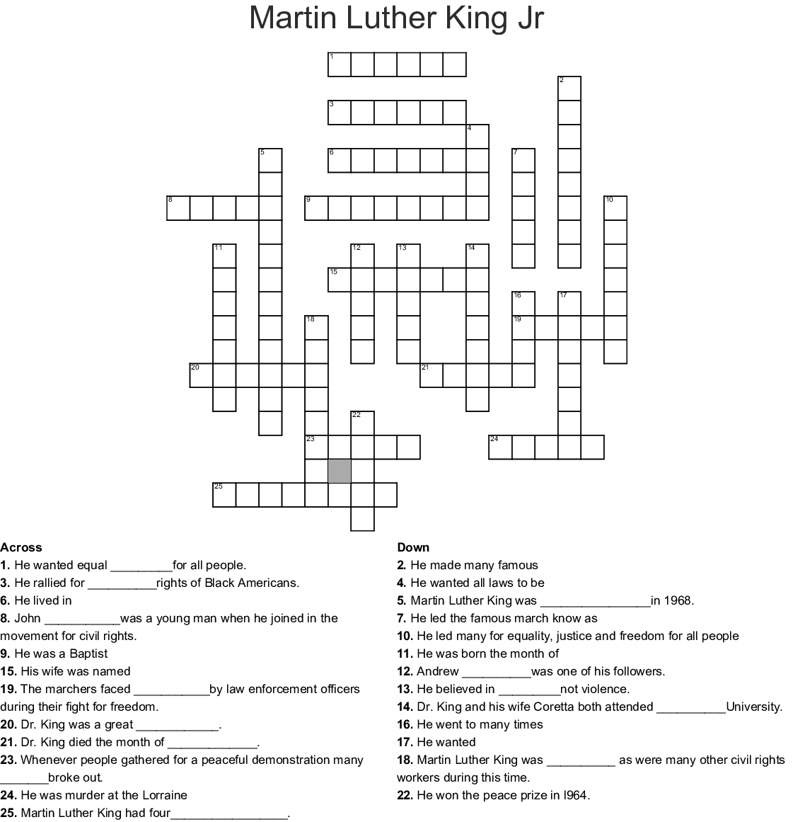 Martin Luther King Crossword Puzzle Printable Printable 