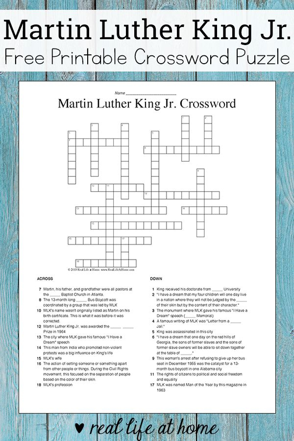 Martin Luther King Jr Crossword Puzzle Free Printable For 