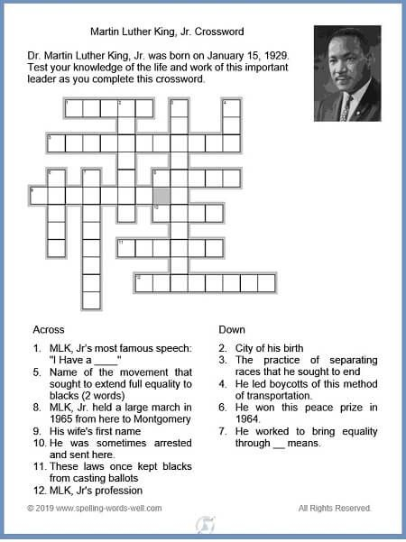 Martin Luther King Jr Crossword Puzzle Martin Luther