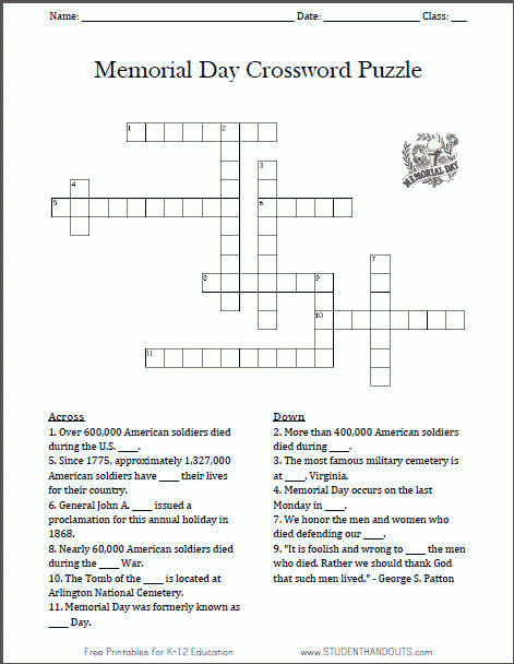 Memorial Day Crossword Puzzle Student Handouts 