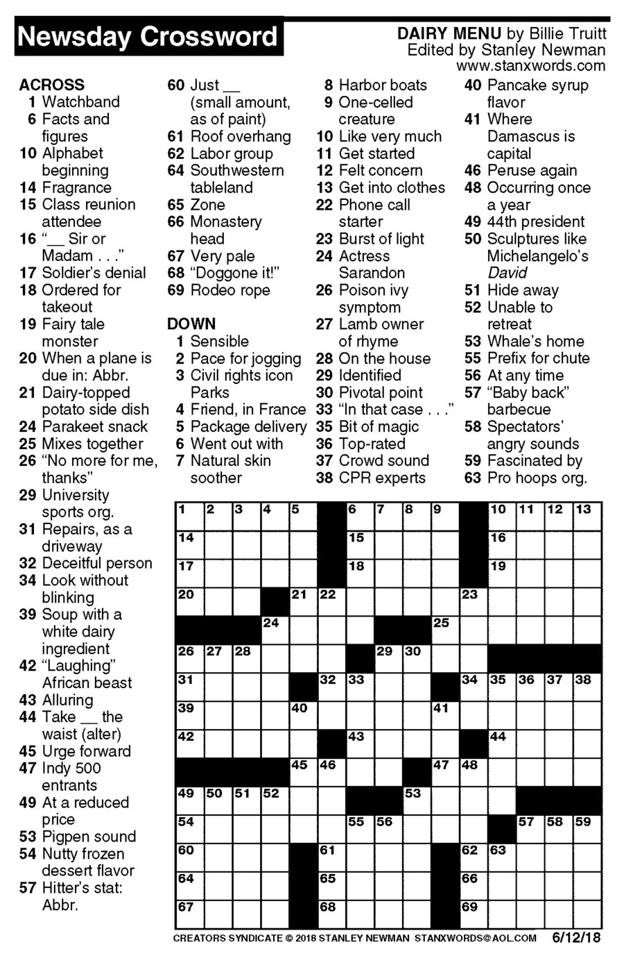 Newsday Crossword Puzzle For Jun 12 2018 By Stanley 