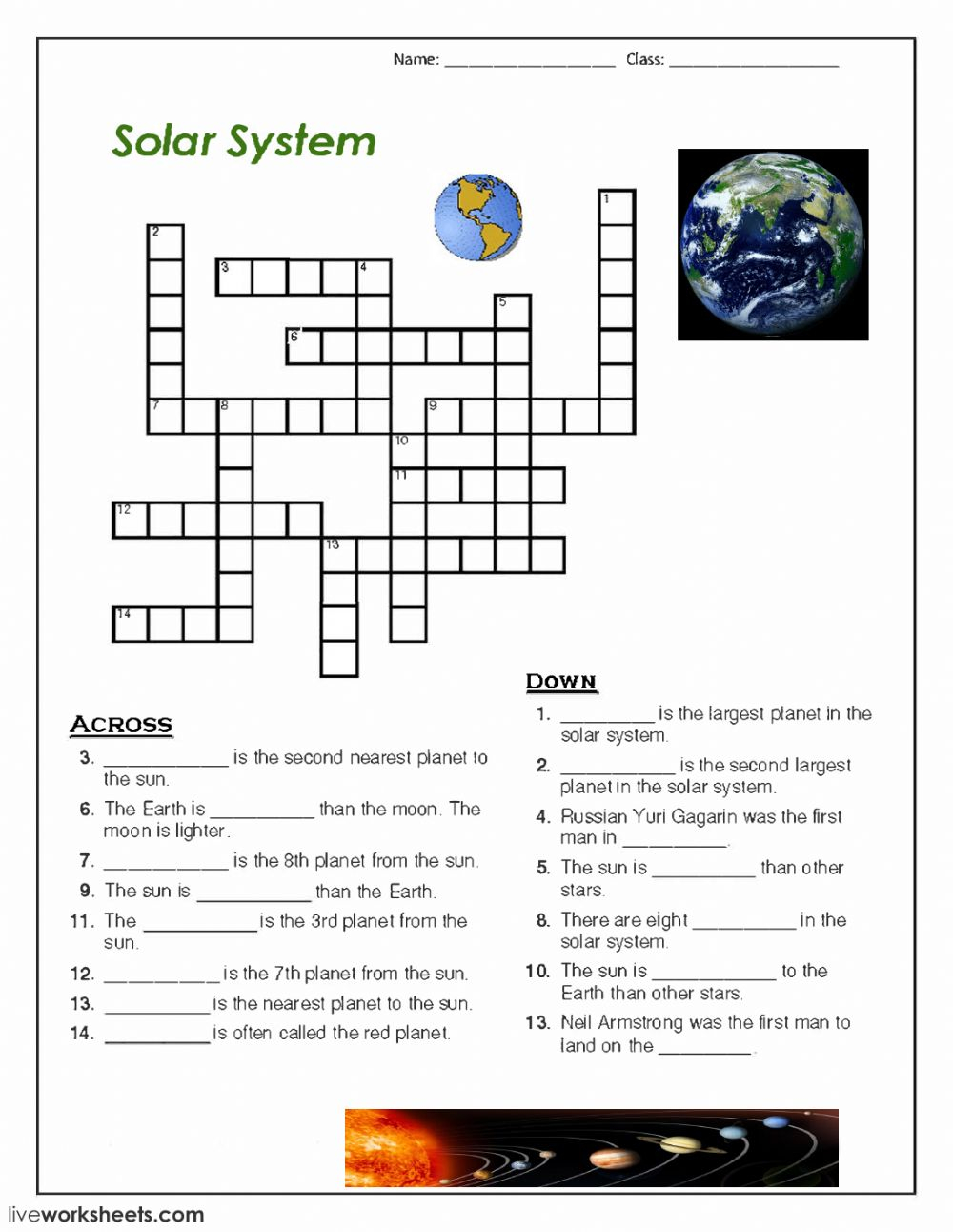 Planets Crossword Worksheet