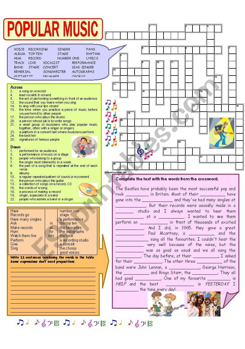 Popular Music Crossword The Beatles ESL Worksheet By 