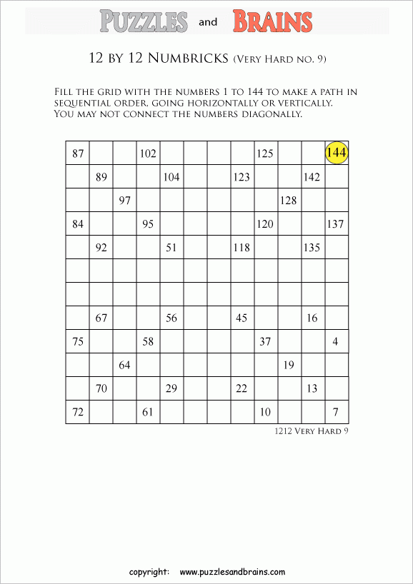 Printable 12 By 12 Very Difficult Level Numbrix Logic 