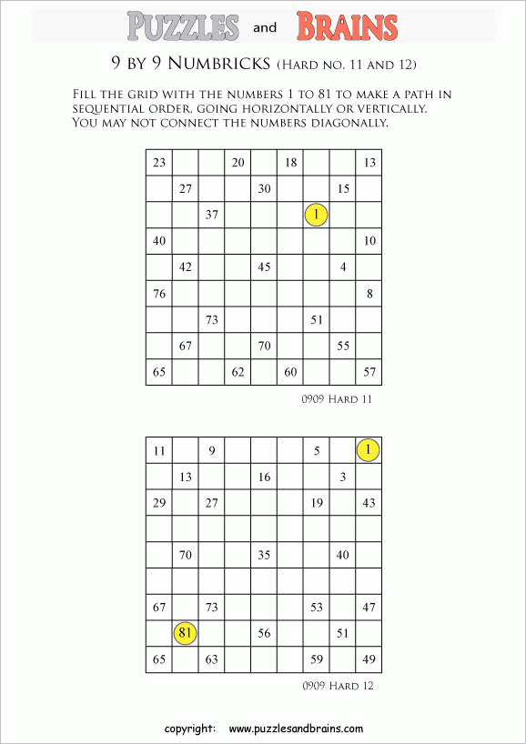 Printable 9 By 9 Difficult Level Numbrix Logic Puzzles For 