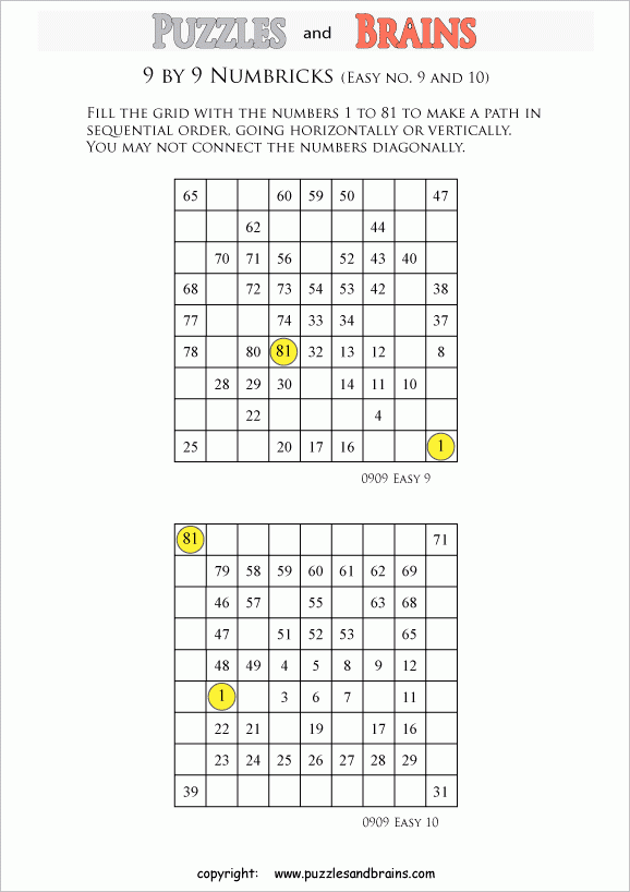 Printable Easier 9 By 9 Numbrix Number Snake Puzzles For 