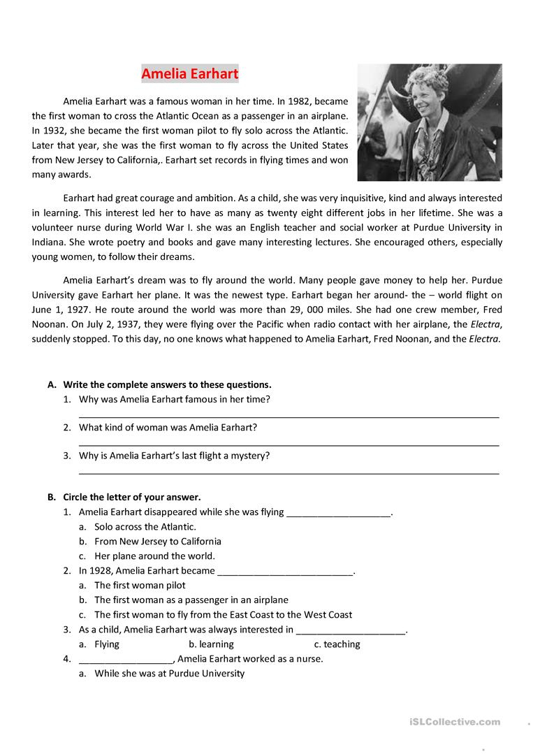 Reading About Amelia Earhart Worksheet Free ESL 