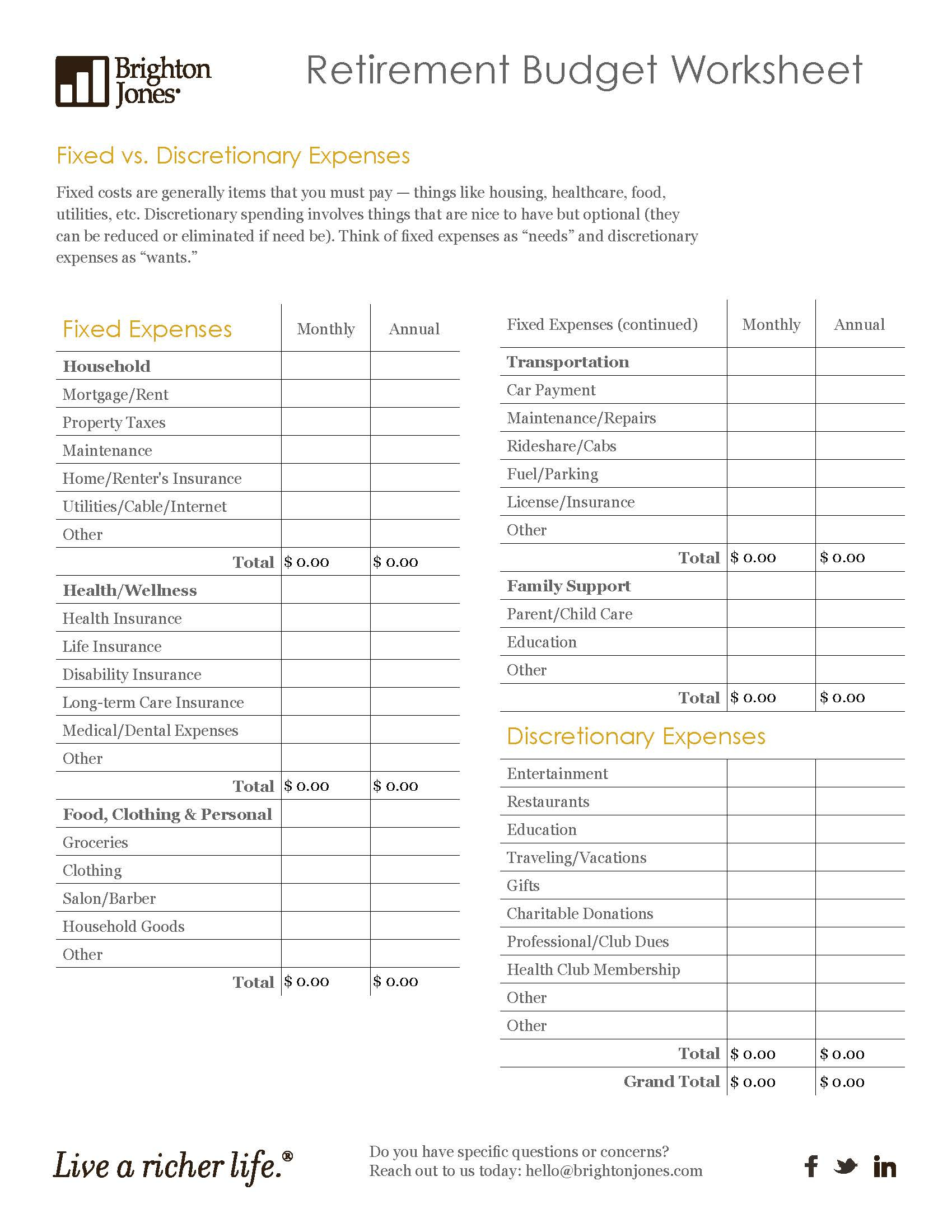 Retirement Budget Worksheet Brighton Jones