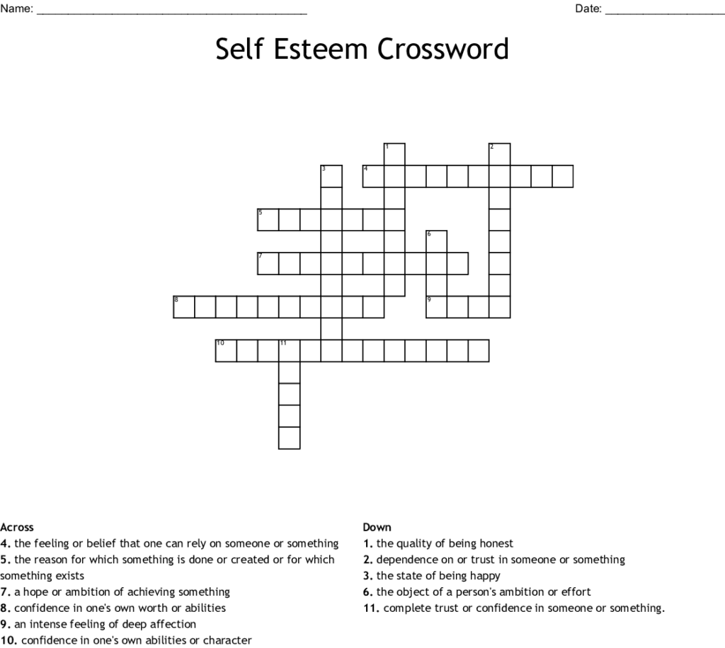 Self Esteem Crossword Puzzle Printable FreePrintableTM com