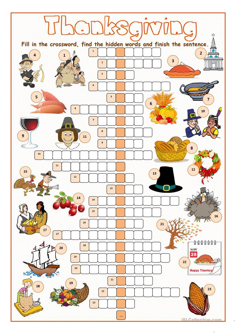 Thanksgiving Crossword Puzzle Worksheet Free ESL Printable Worksheets 