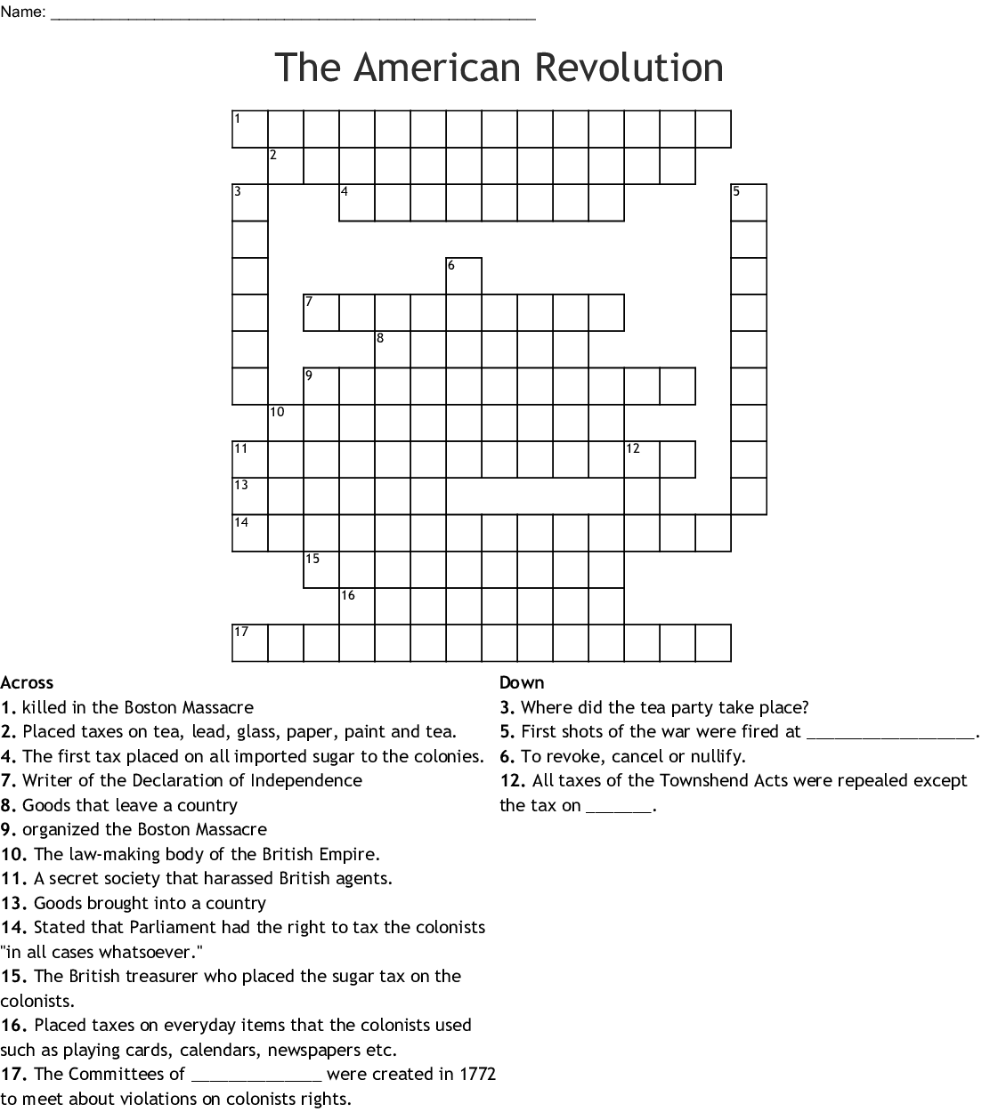 The American Revolution Crossword WordMint