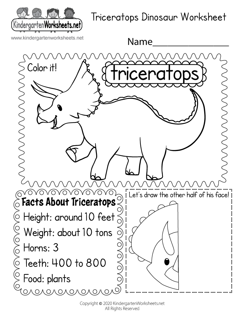 Triceratops Dinosaur Worksheet For Kindergarten Free 