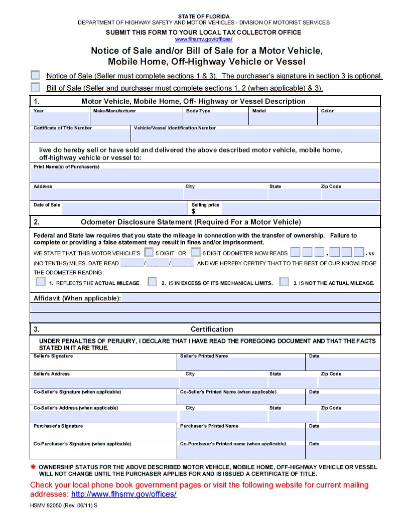 Vehicle Bill Of Sale Template Florida HQ Printable Documents