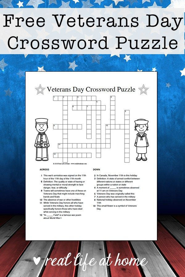 Veterans Day Crossword Puzzle Free Printable For Kids 