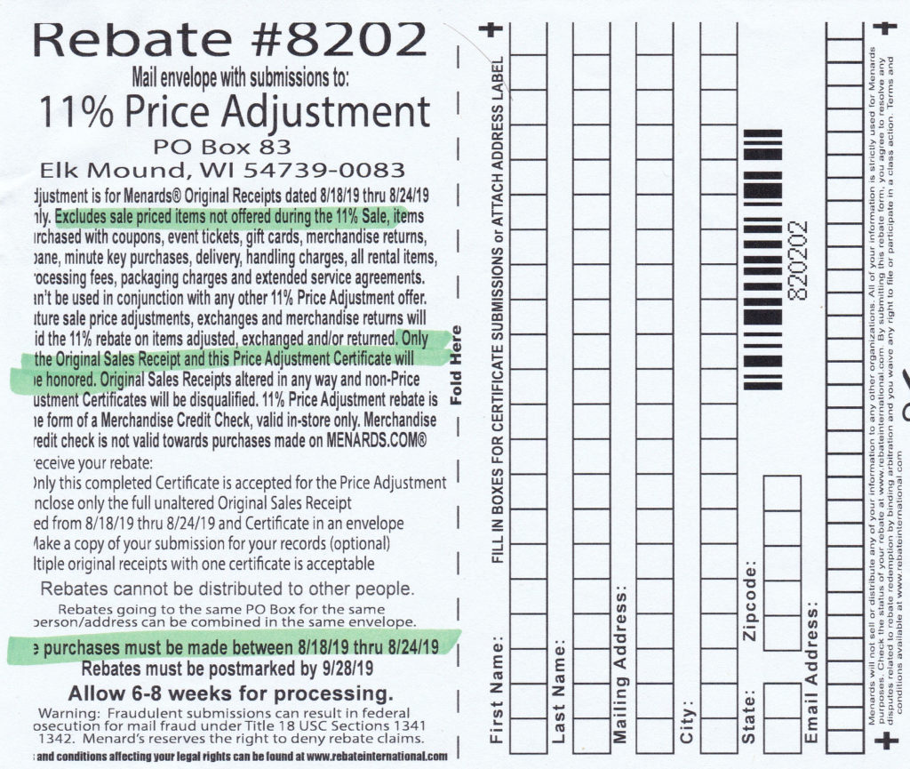 Menards 11 Rebate Form For Prior Purchases