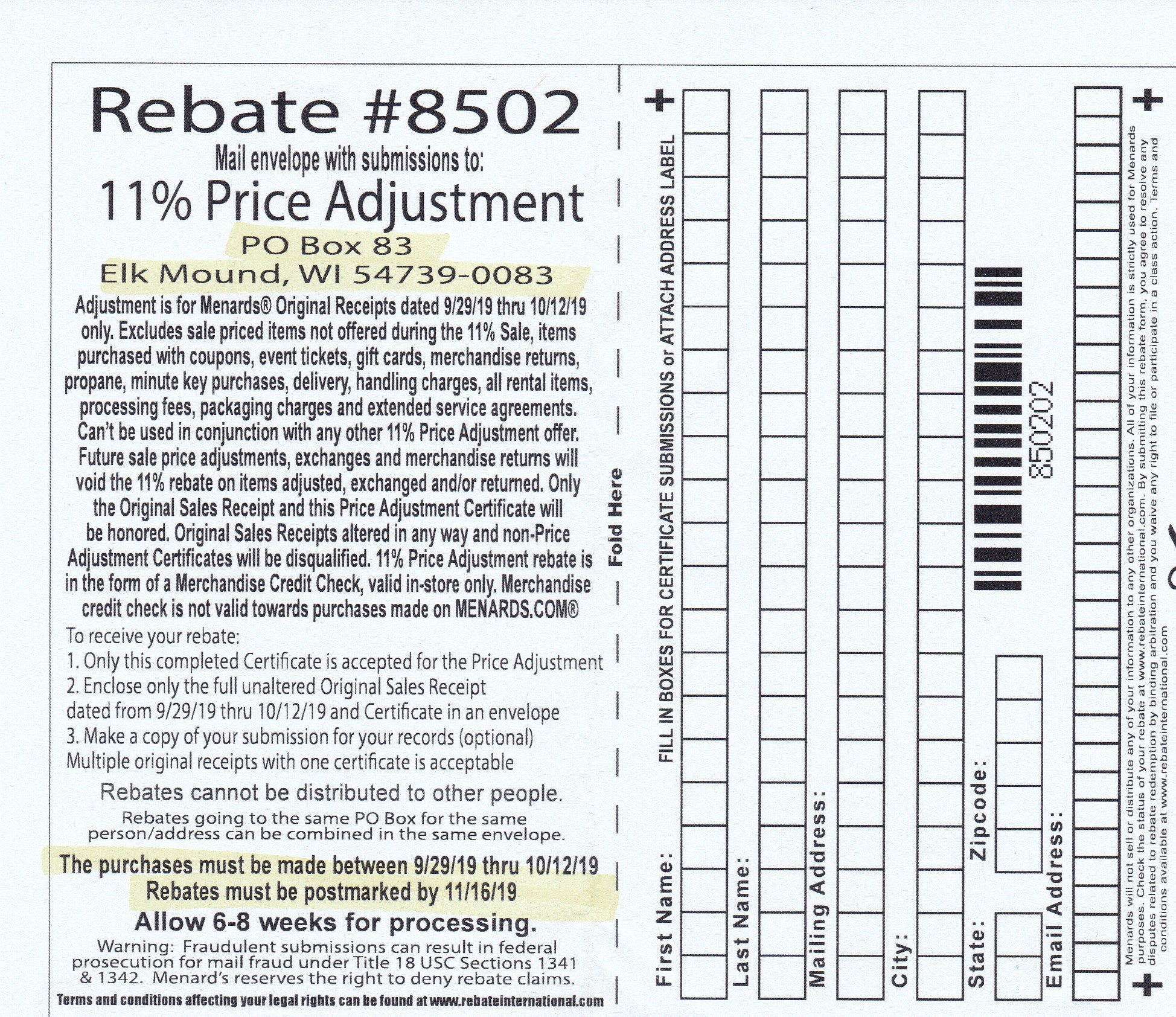 Menards 11 Price Adjustment Rebate Form 2020