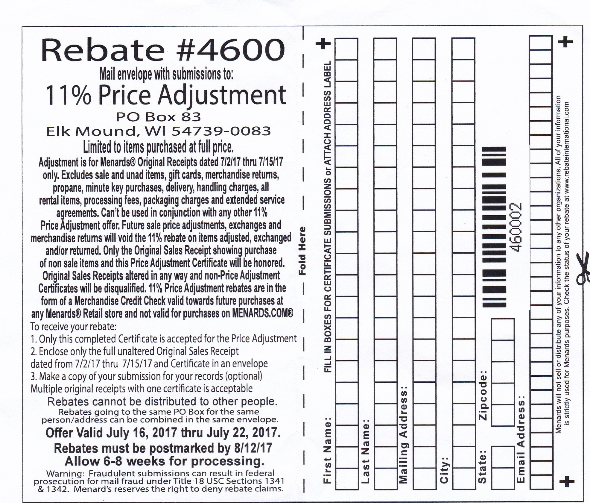 Menards Rebate Adjustment Form