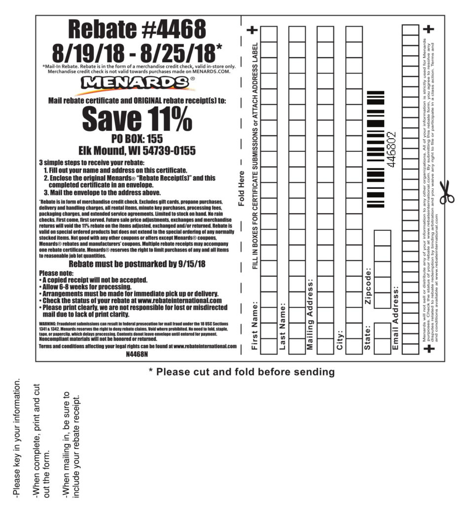 Menards Rebate Receipt Form