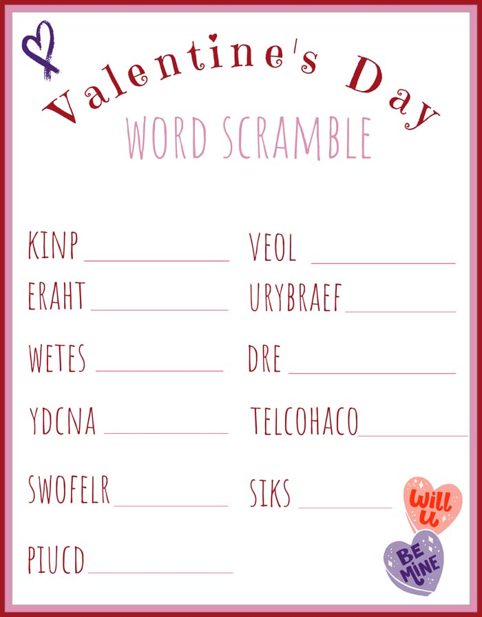 Free Printable Valentines Word Scramble